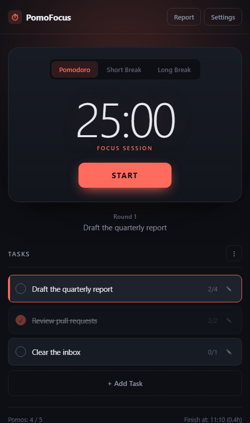 The PomoFocus main screen showing the timer, mode tabs, and task list
